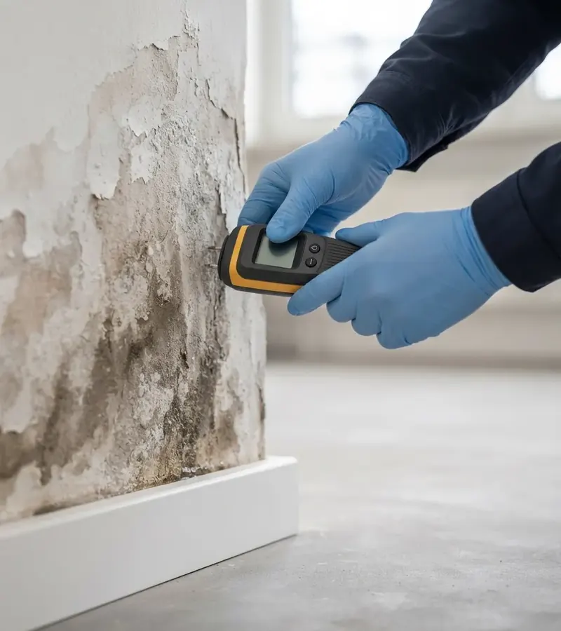 Técnico midiendo la humedad en la parte baja de una pared en Moral de Calatrava