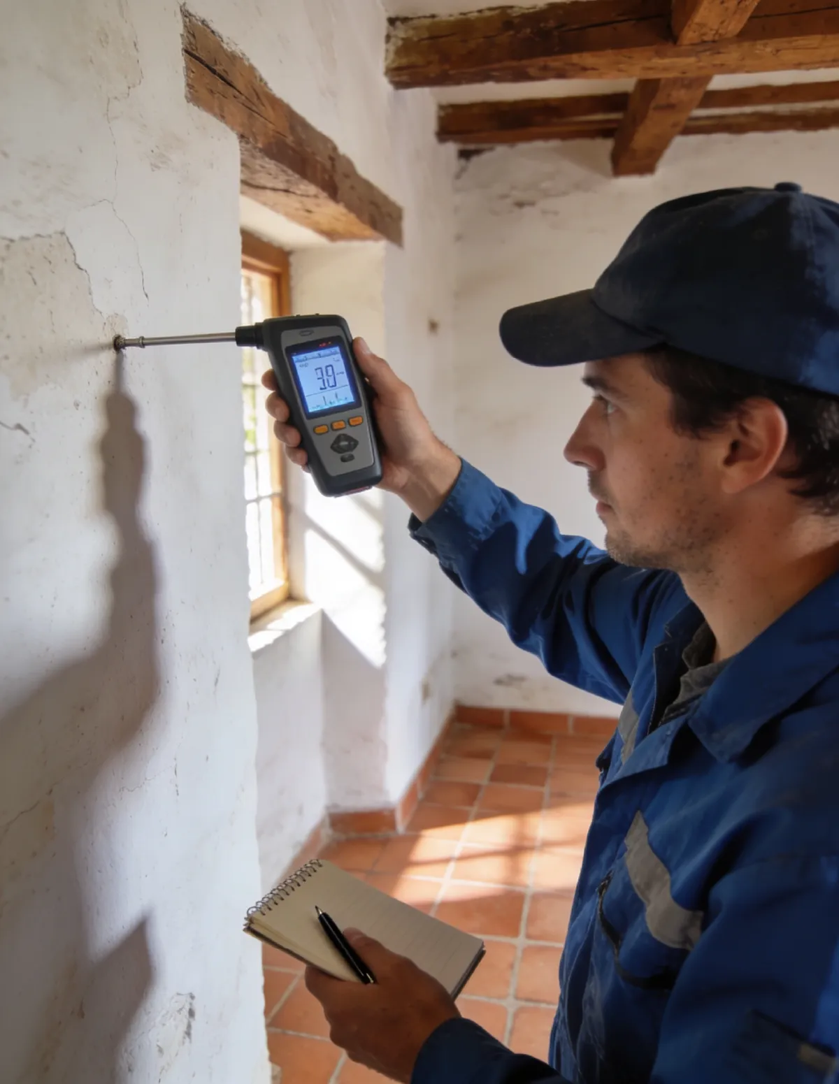 Técnico HUMIX midiendo la humedad de un muro antiguo en Moral de Calatrava